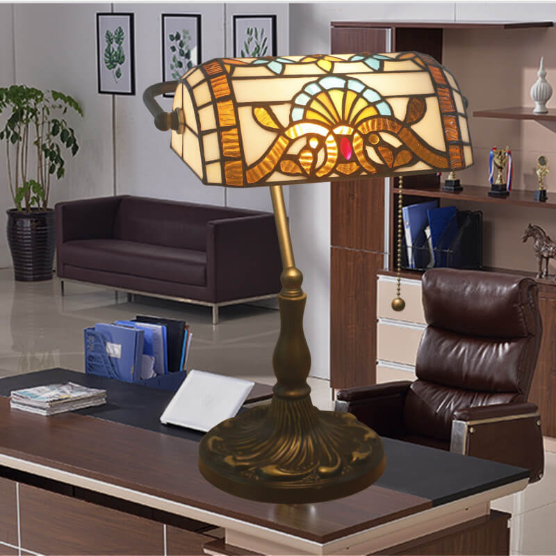 Vintage Tiffany Style Stained Glass Banker's Lamp