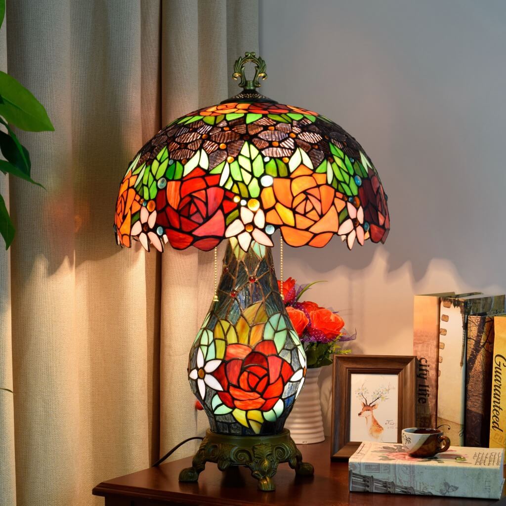 Antique Victorian Rose Stained Glass Accent Light