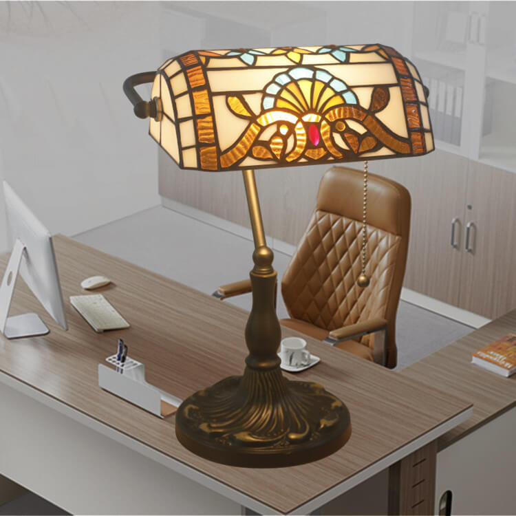 Vintage Tiffany Style Stained Glass Banker's Lamp