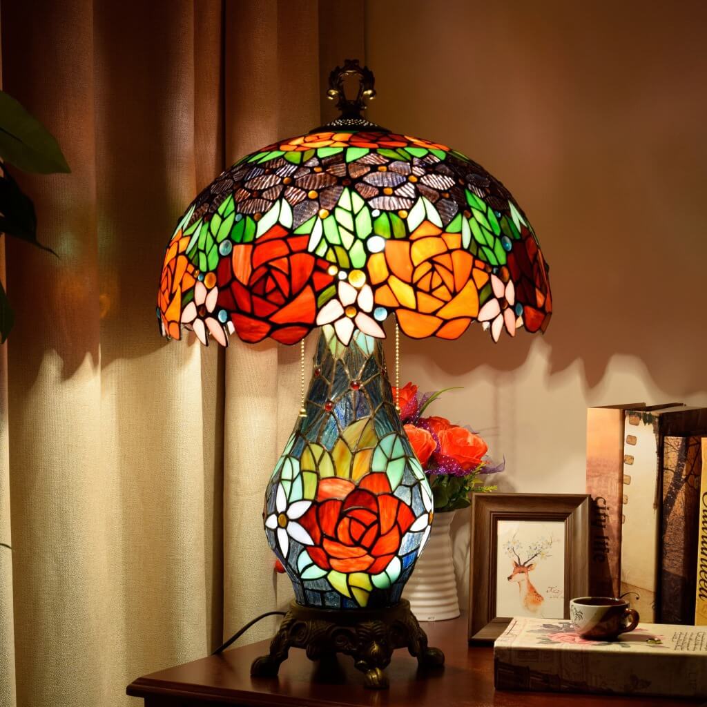 Antique Victorian Rose Stained Glass Accent Light