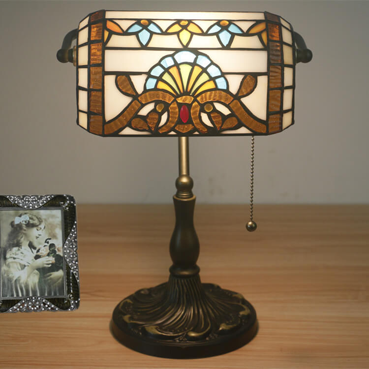 Vintage Tiffany Style Stained Glass Banker's Lamp