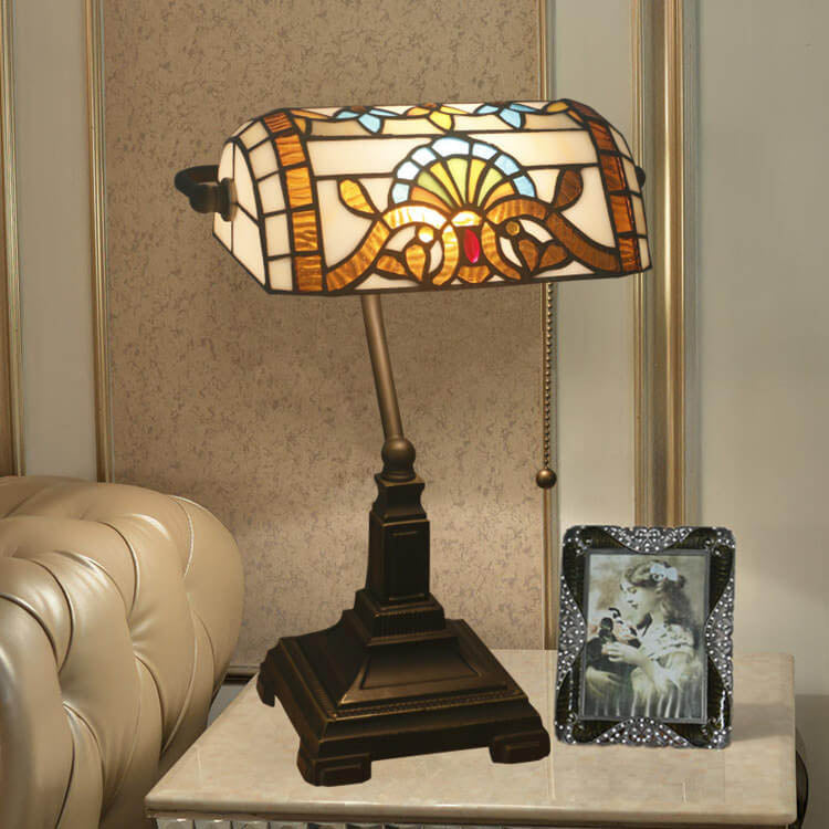 Vintage Tiffany Style Stained Glass Banker's Lamp