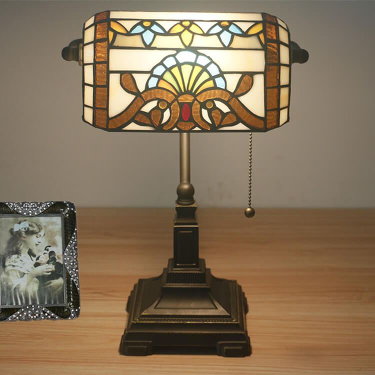 Vintage Tiffany Style Stained Glass Banker's Lamp