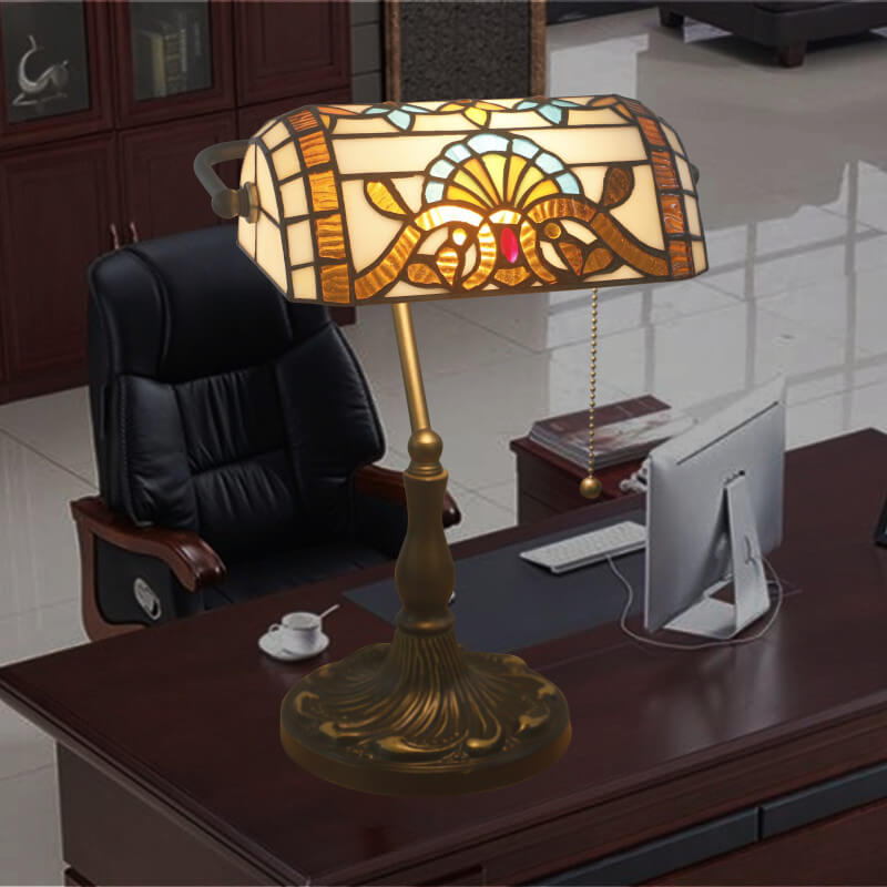 Vintage Tiffany Style Stained Glass Banker's Lamp
