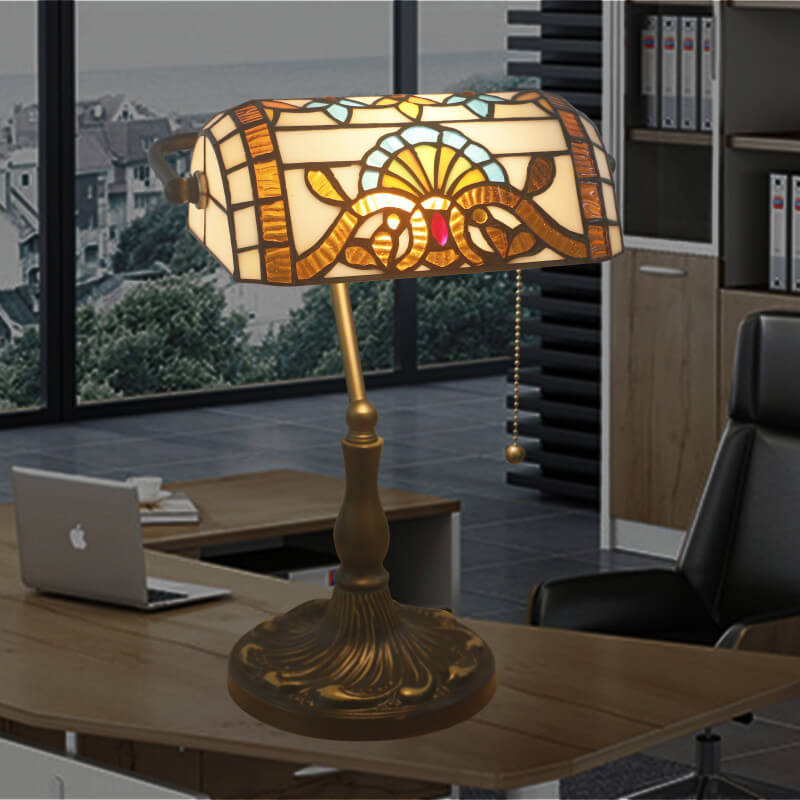 Vintage Tiffany Style Stained Glass Banker's Lamp