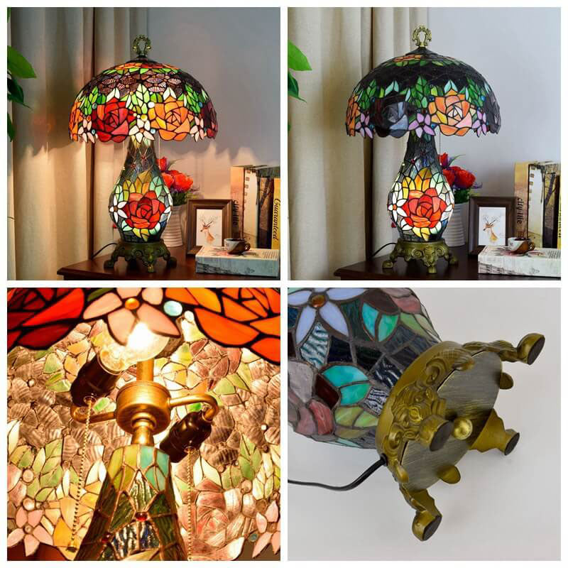 Antique Victorian Rose Stained Glass Accent Light