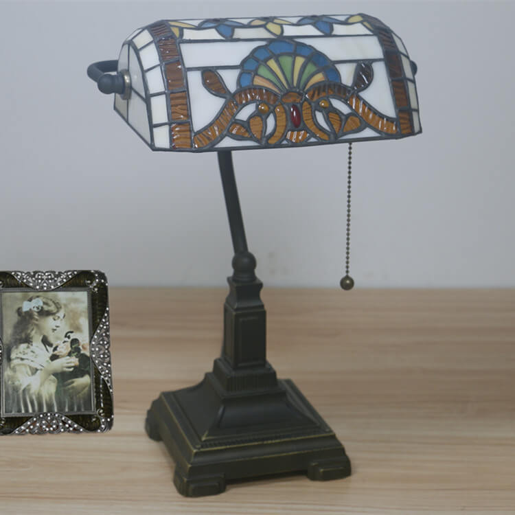 Vintage Tiffany Style Stained Glass Banker's Lamp