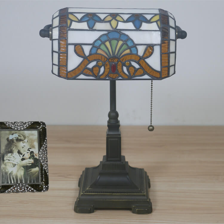 Vintage Tiffany Style Stained Glass Banker's Lamp