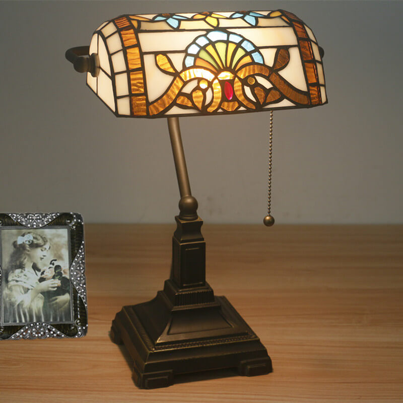 Vintage Tiffany Style Stained Glass Banker's Lamp