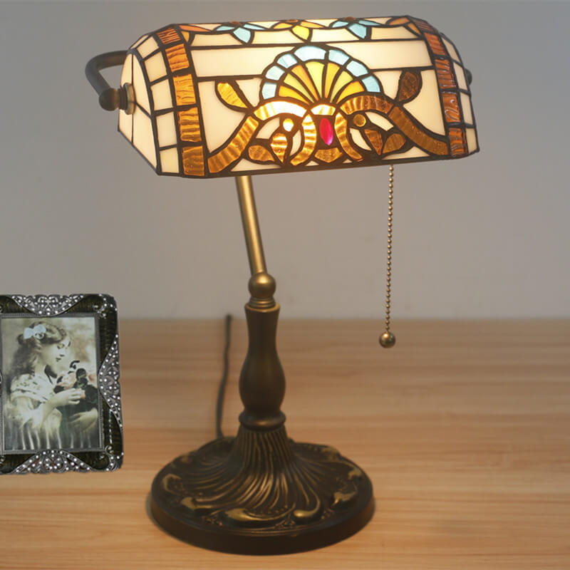 Vintage Tiffany Style Stained Glass Banker's Lamp