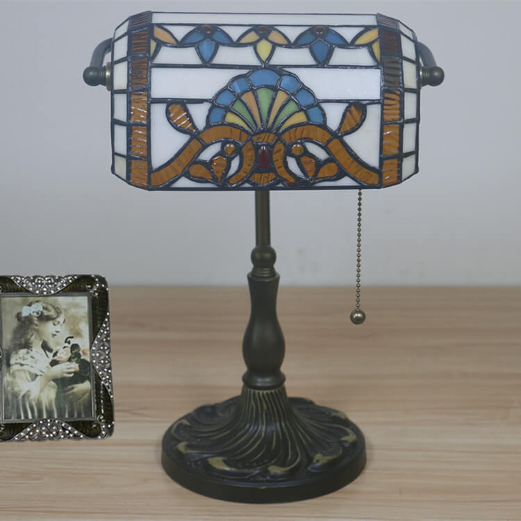 Vintage Tiffany Style Stained Glass Banker's Lamp