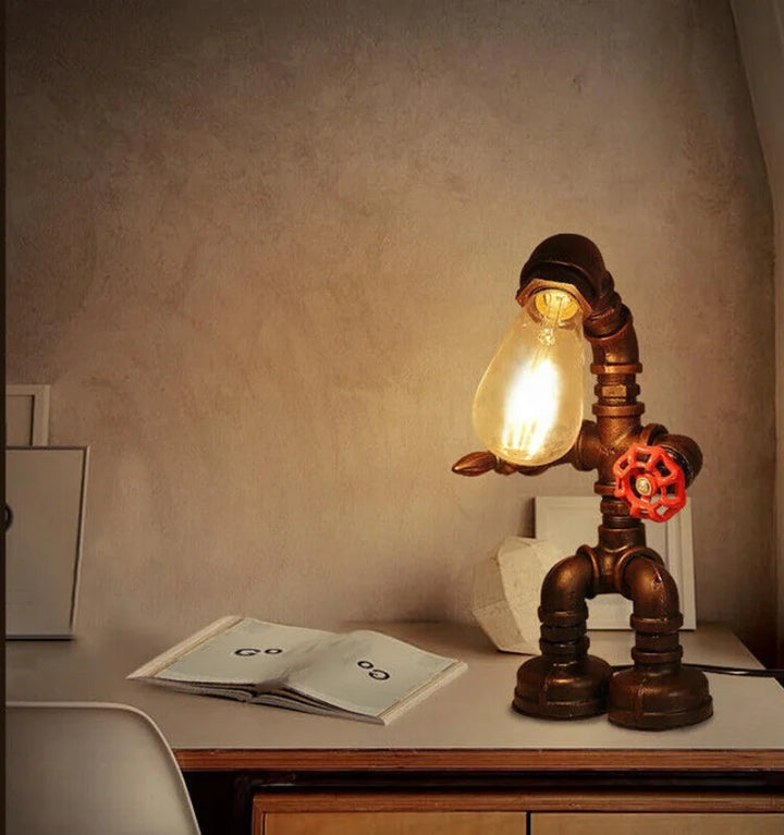 INDUSTRIAL ANTIQUE ROBOT PIPE TABLE LAMP