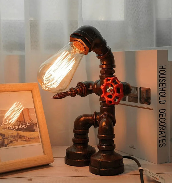 INDUSTRIAL ANTIQUE ROBOT PIPE TABLE LAMP